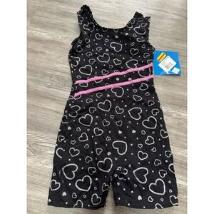 Jacques Moret Kids Girls Shiny Glitter Tank Biketard Black Hearts L 12 14